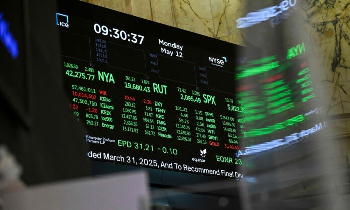Chart showing global markets surge across US, European and Asian indices in May 2025